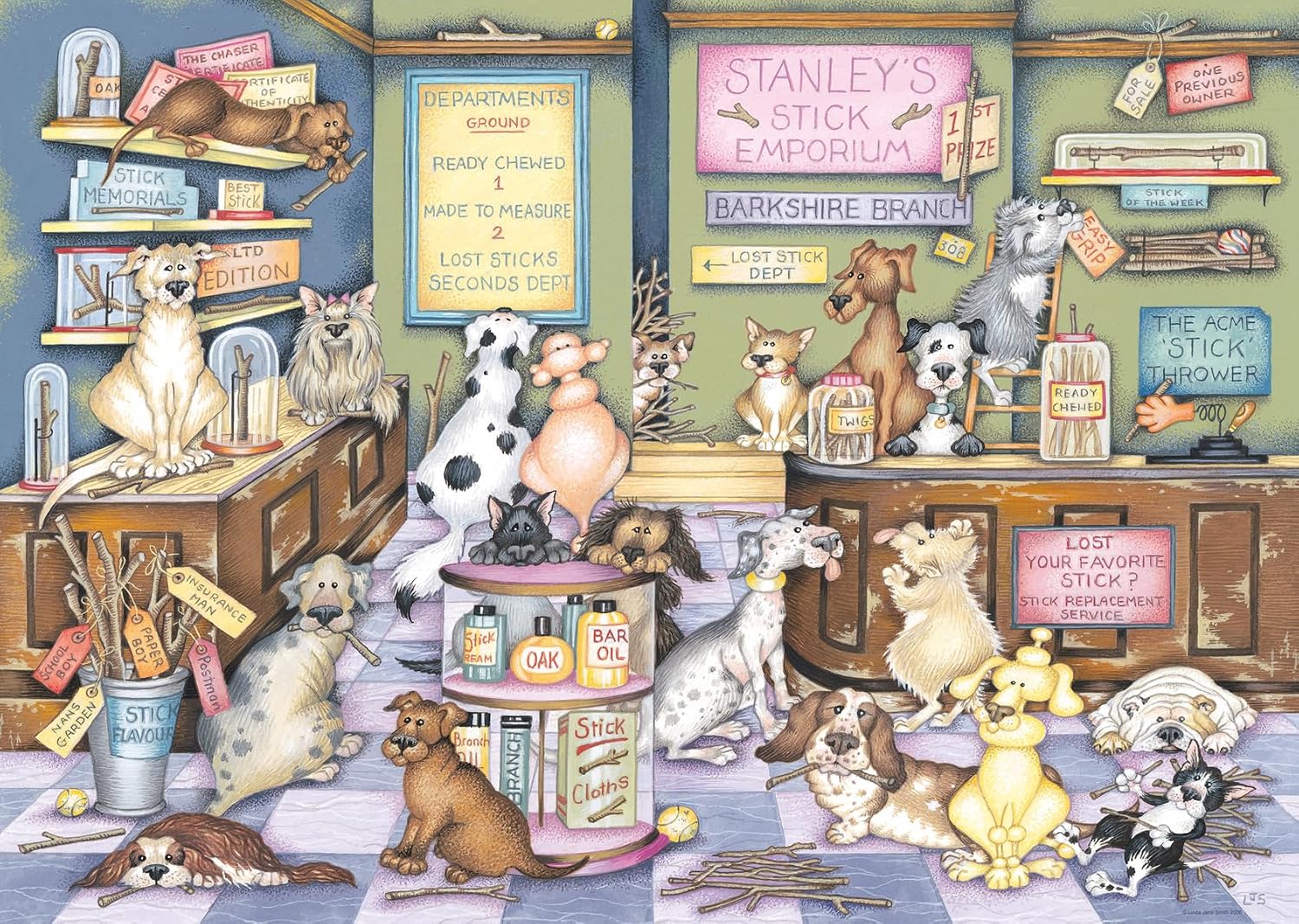ravensburger stanley's stick emporium jigsaw puzzle featuring Illustration of various dogs and animal products