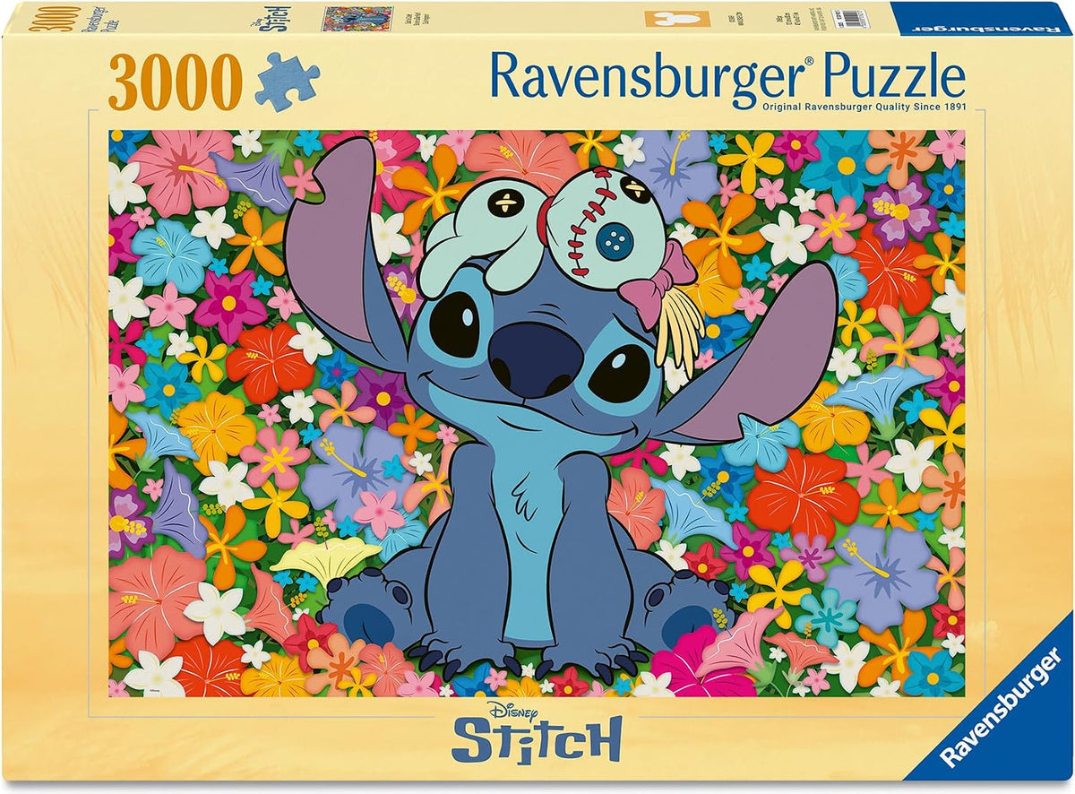 ravensburger disney stitch "such a cutie!" 3000-piece jigsaw puzzle box of stitch surrounded by flowers