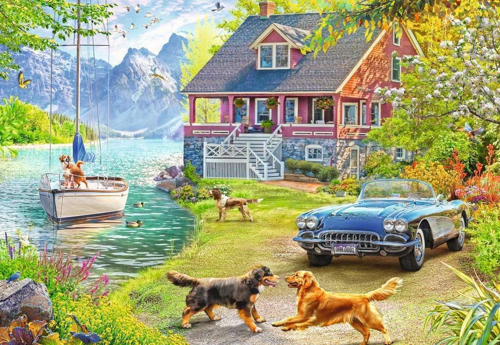 ravensburger summer lake house jigsaw puzzle of Scenic lakeside house with a vintage car and dogs