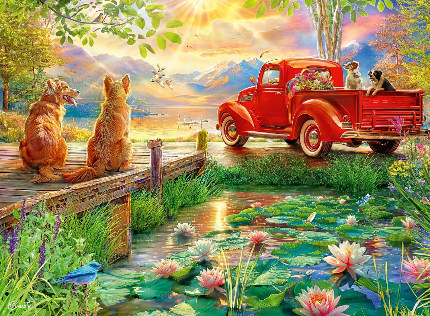 ravensburger summer love jigsaw puzzleof Two dogs on a dock overlooking a scenic lake landscape with two dogs in a red truck and flowers.