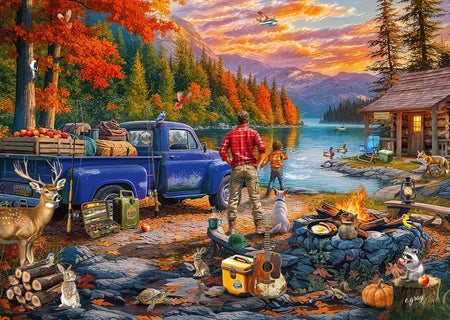 ravensburger sunset lake jigsaw puzzle featuring fall foliage and woodland creatures