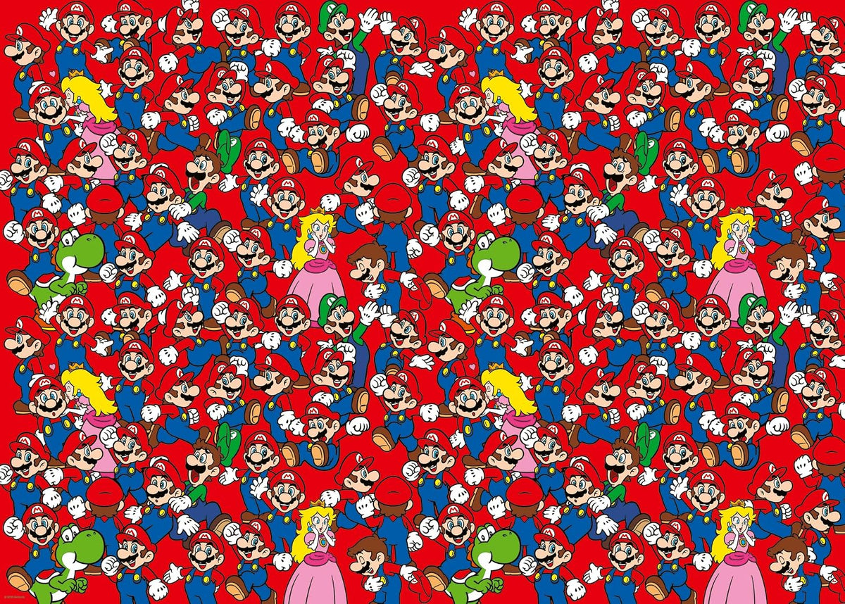 ravensburger super mario challenge jigsaw puzzle of mario and other cartoon characters on a red background