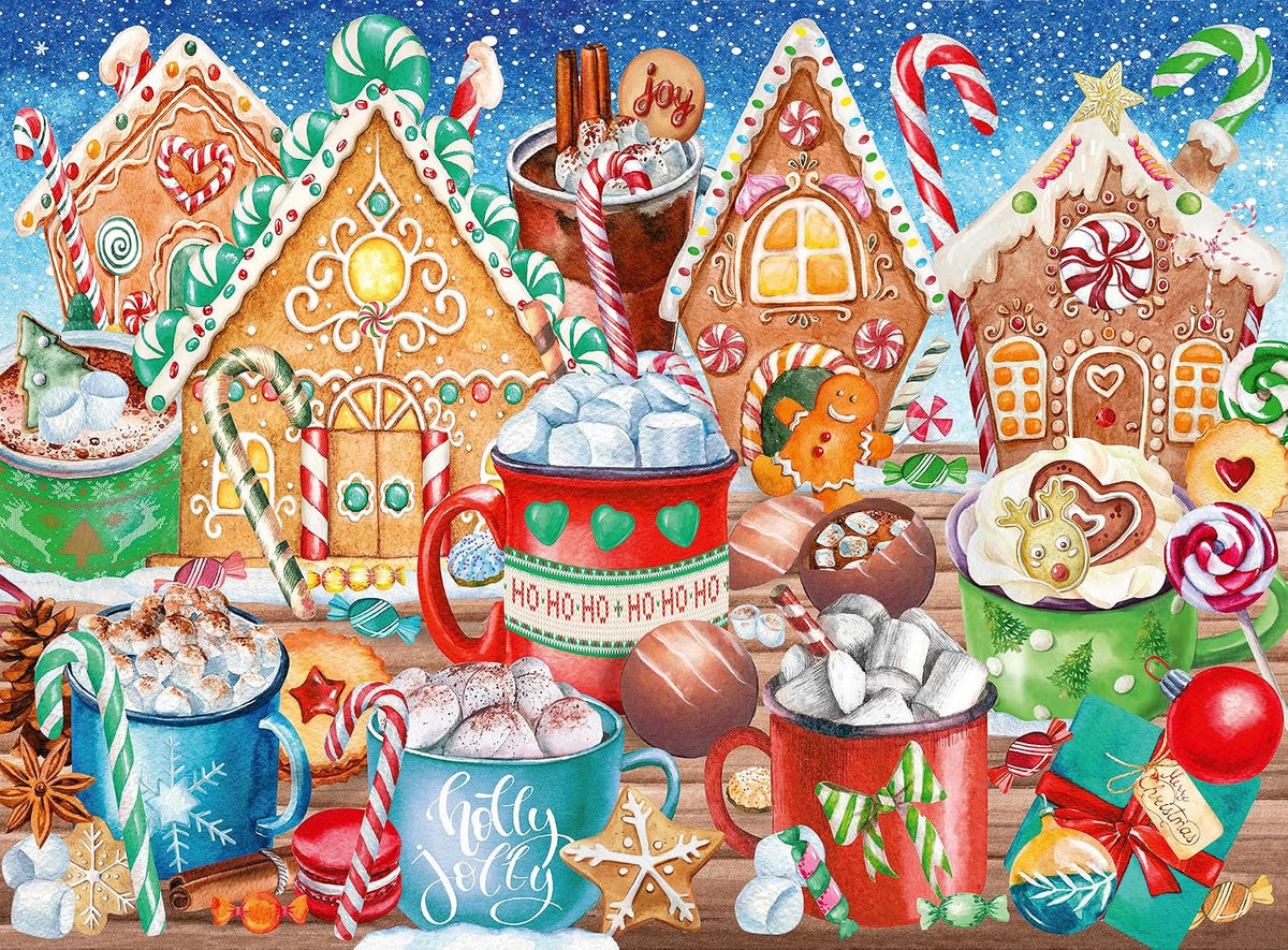 ravensburger sweet christmas jigsaw puzzle Illustration of gingerbread houses, hot chocolate mugs, and candy canes on a wooden surface.