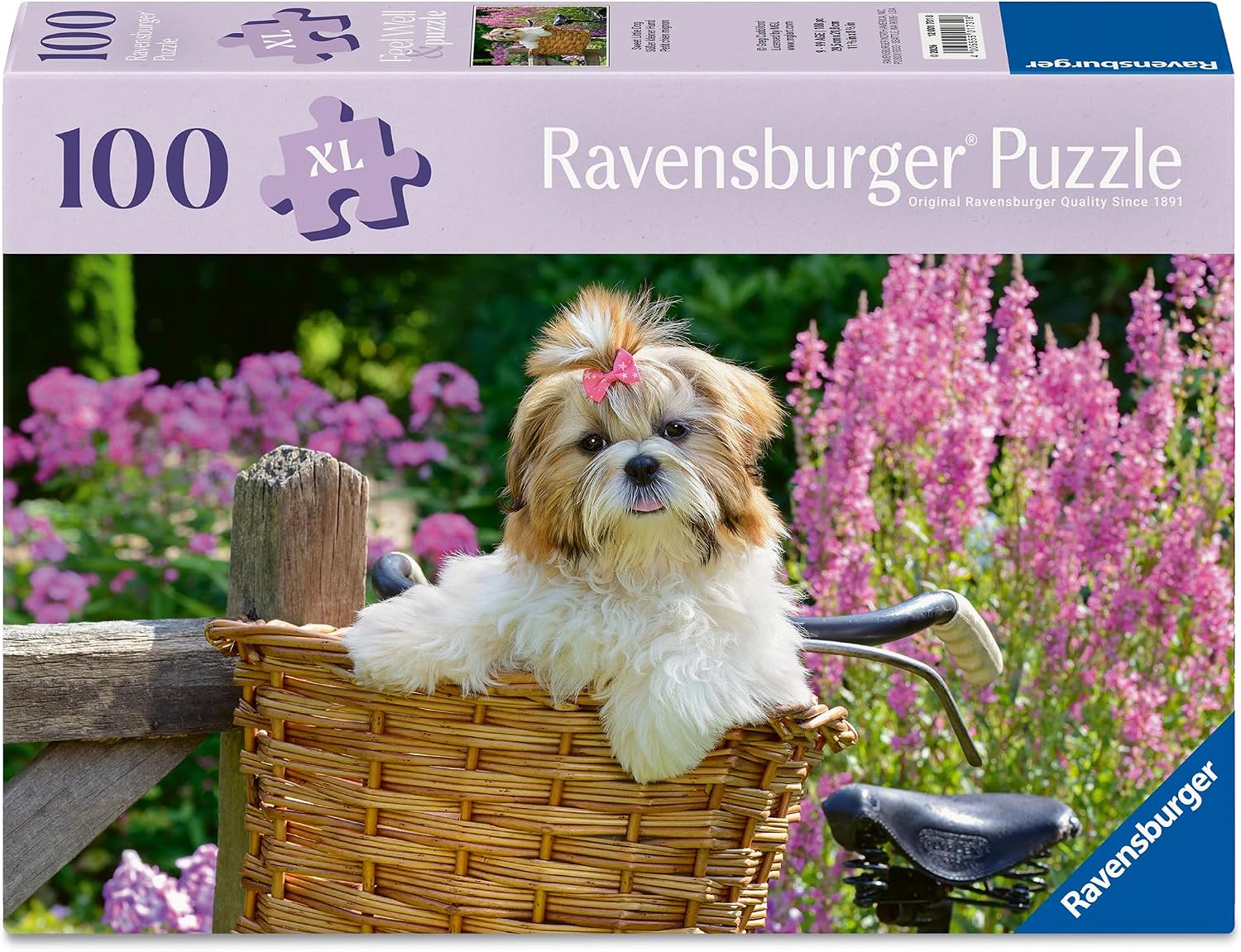 Ravensburger puzzle box with a dog in a basket and flowers in the background