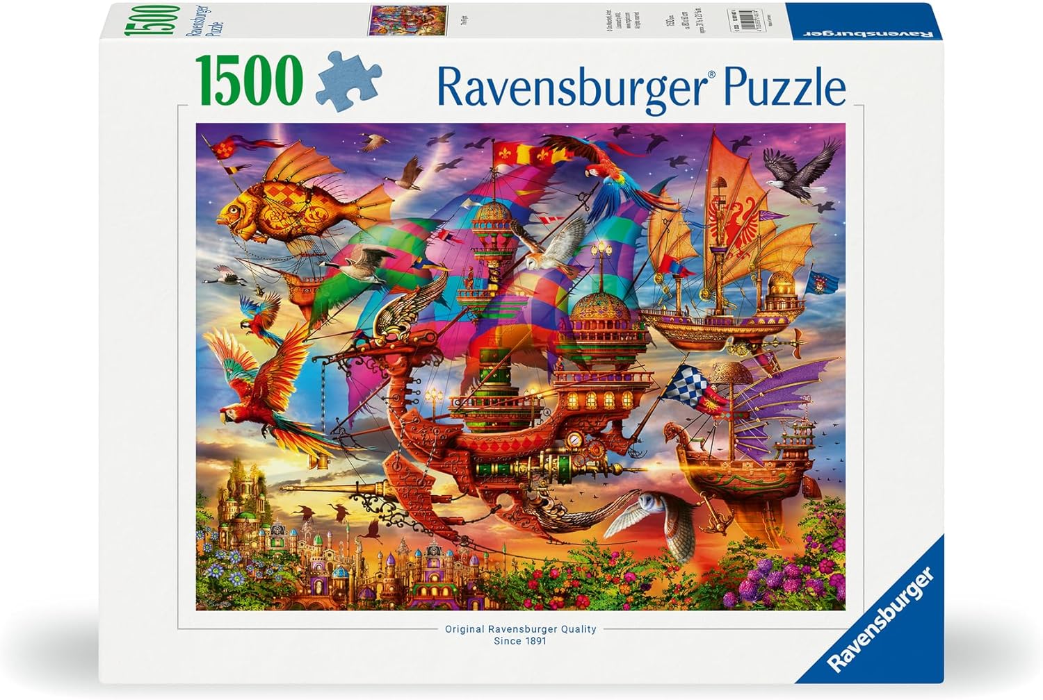 Ravensburger puzzle box with colorful flying ships and birds design on a white background