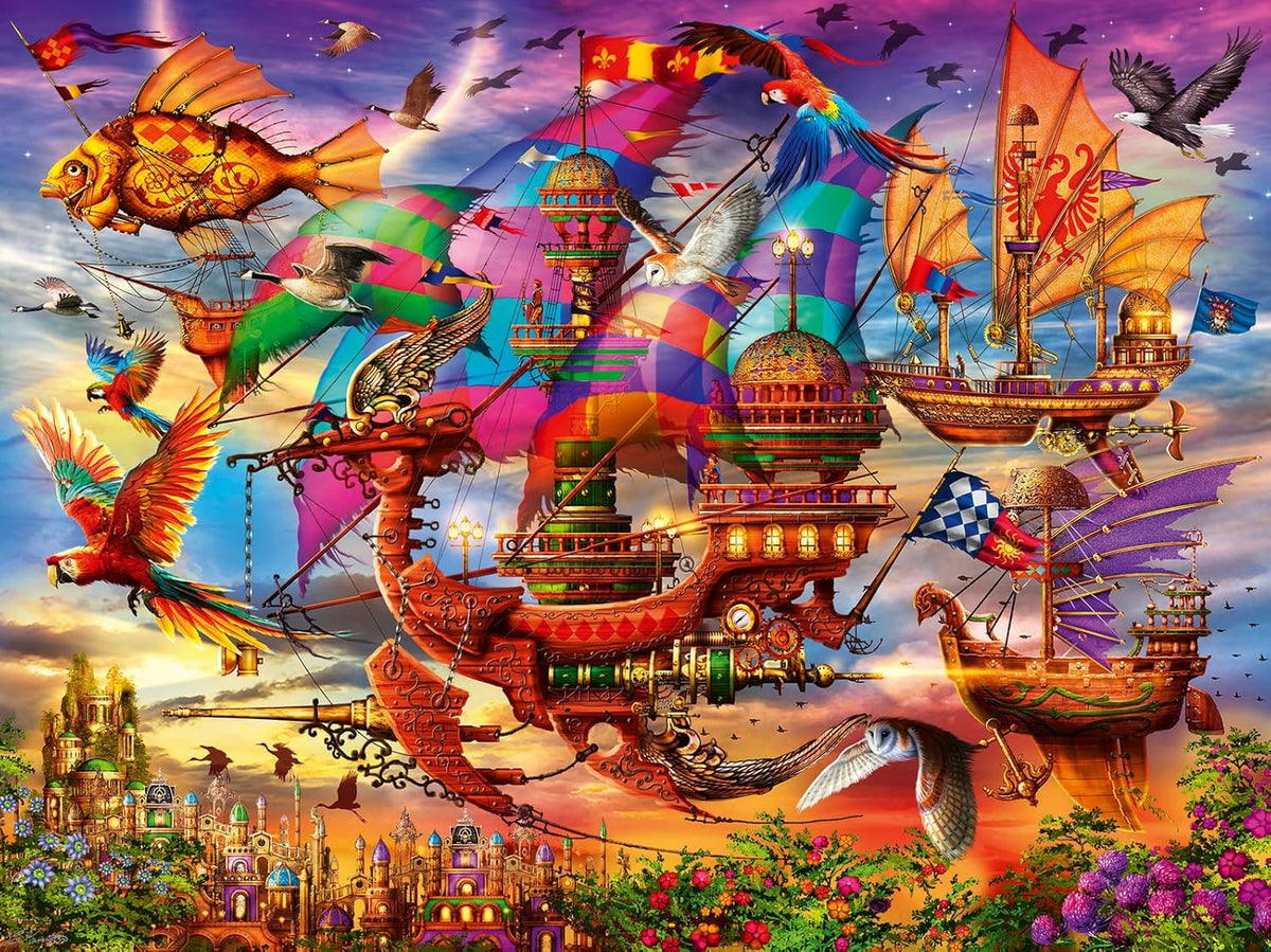 Colorful ravensburger the flight jigsaw puzzle of a fantasy scene with flying ships and birds against a vibrant sky.