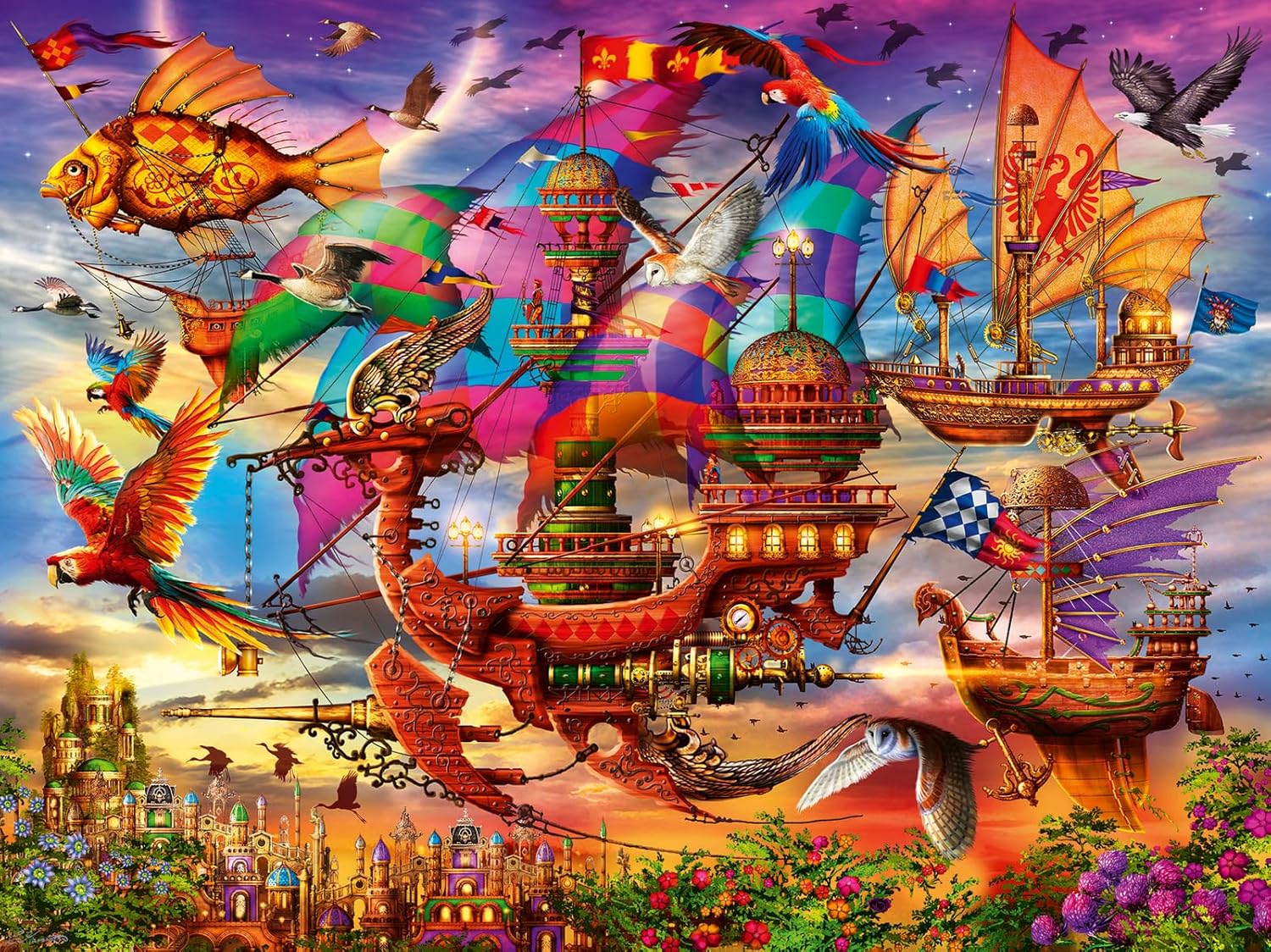 Colorful ravensburger the flight jigsaw puzzle of a fantasy scene with flying ships and birds against a vibrant sky.