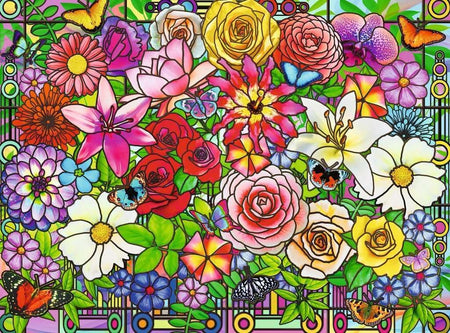 Colorful ravensburger tiffany flowers jigsaw puzzle of stained glass-style artwork with flowers and butterflies