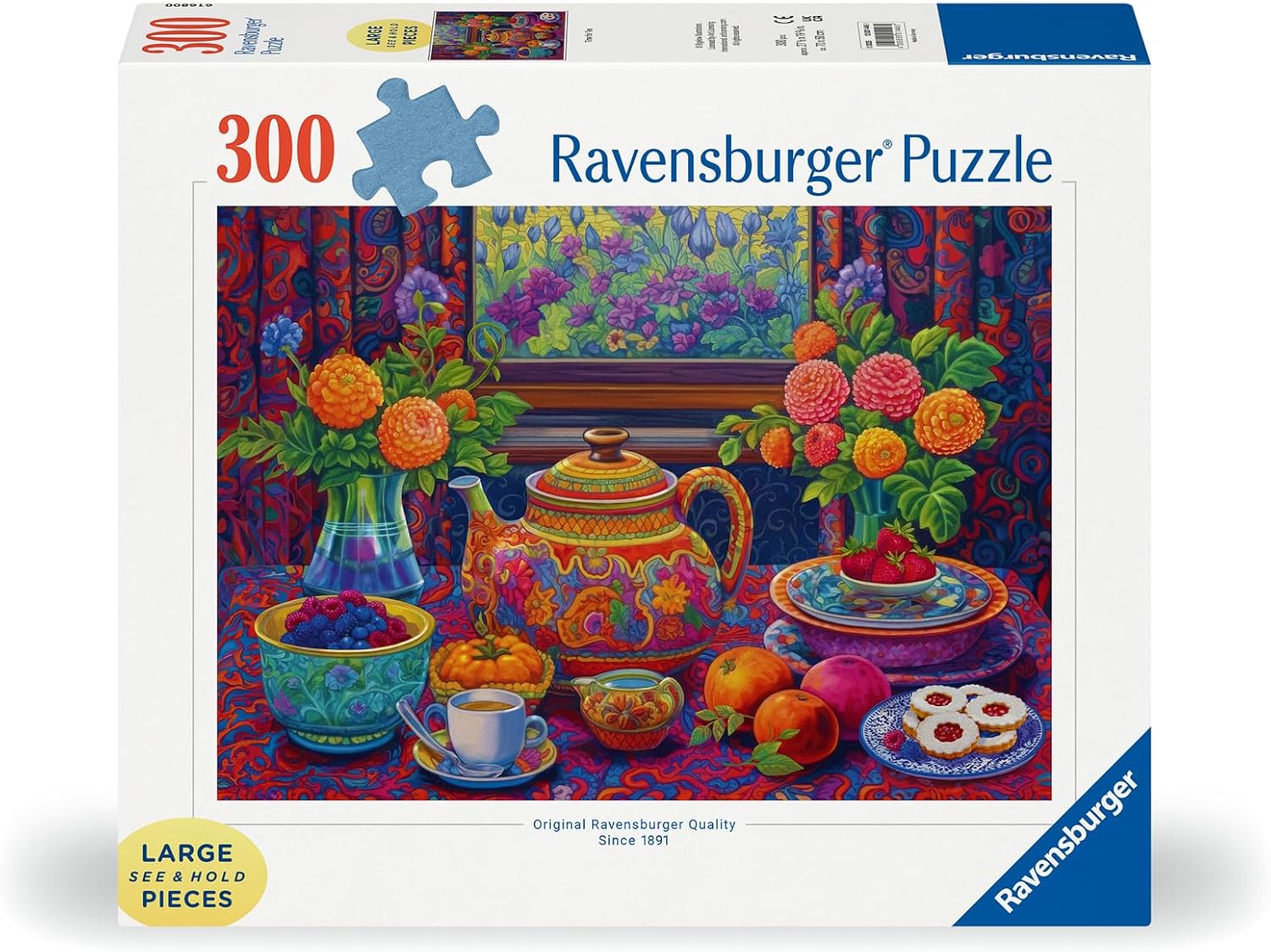 Ravensburger puzzle box with colorful tea set and flowers design