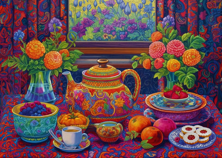 ravensburger time for tea jigsaw puzzle of Colorful still life scene with a teapot, flowers, and fruit on a patterned tablecloth.