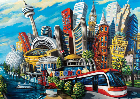 ravensburger toronto jigsaw puzzle featuring Colorful illustration of a cityscape with prominent buildings and a tram labeled 'Toronto'.