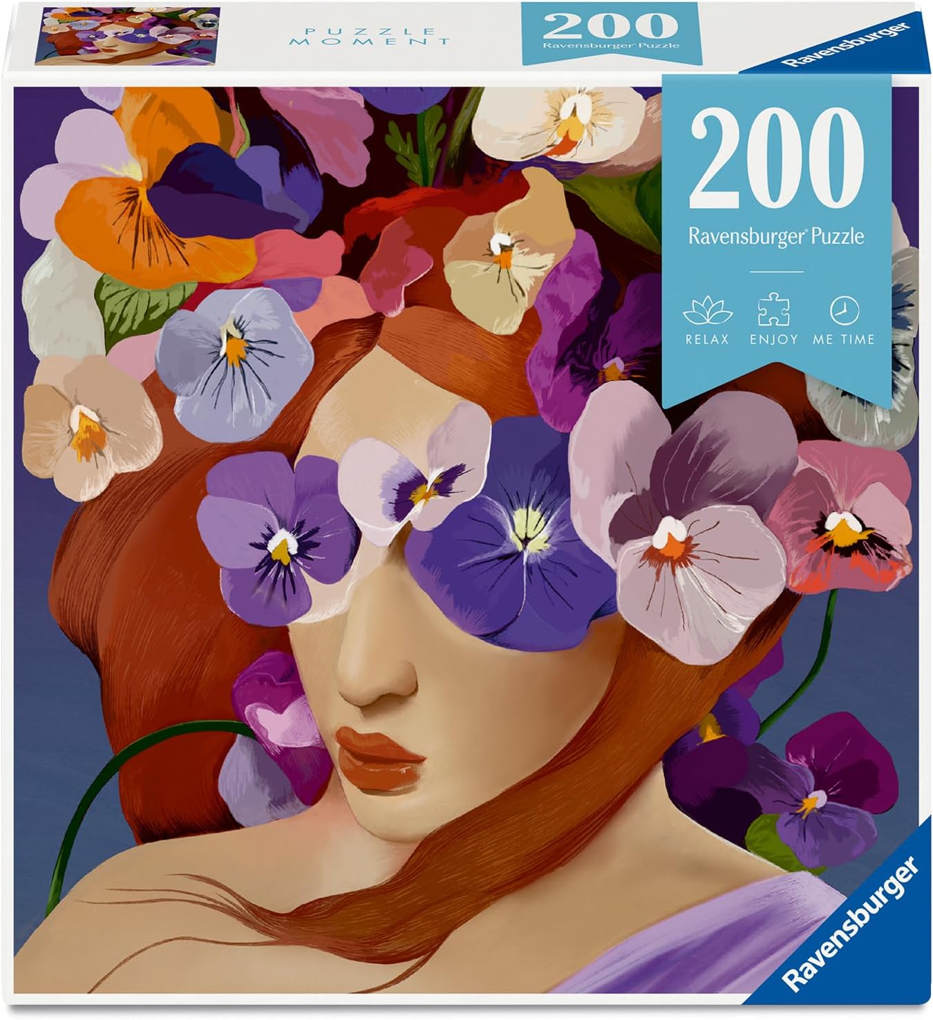 ravensburger violet jigsaw puzzle box of woman with flowers on her head and covering her eyes