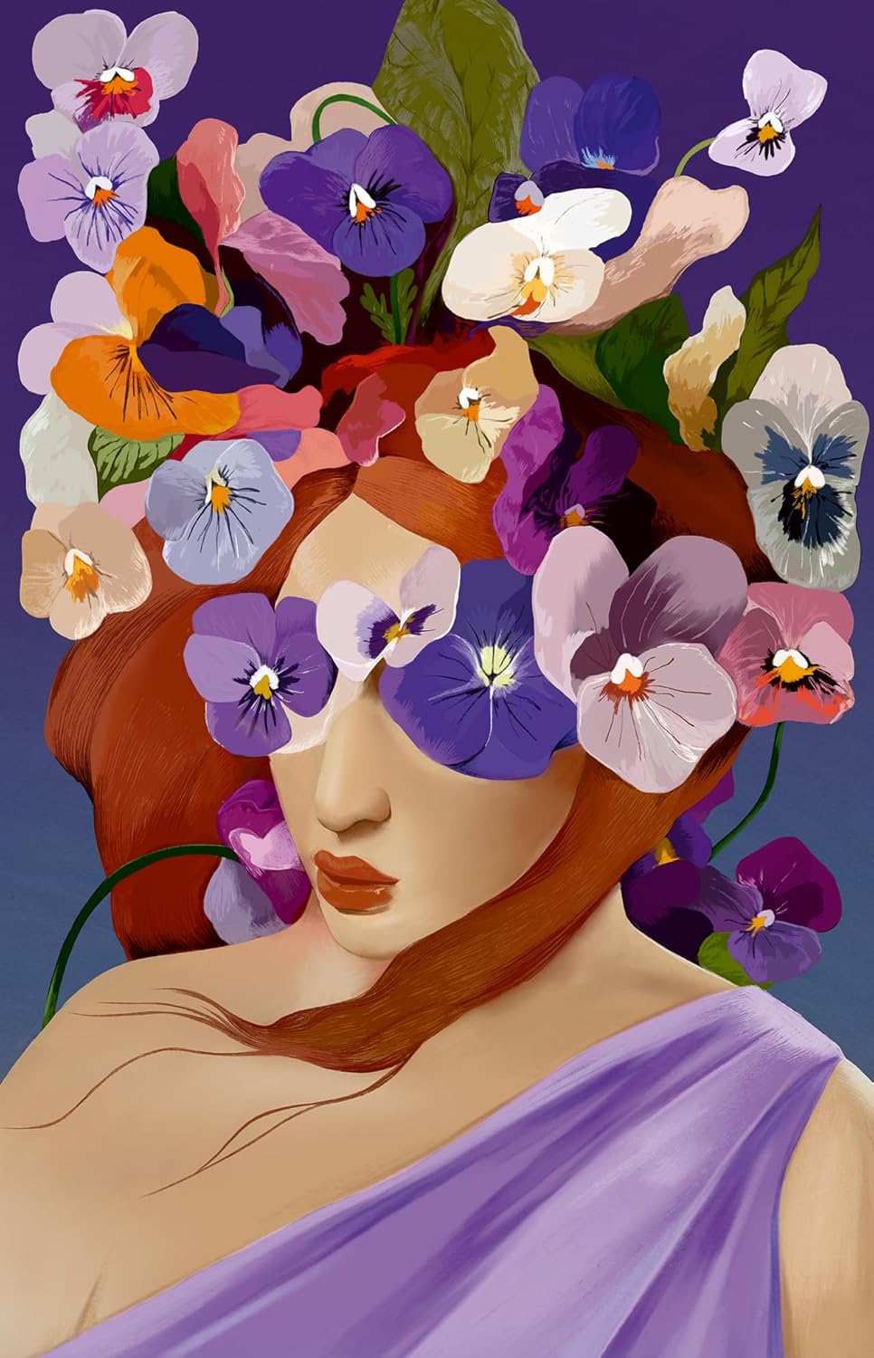 ravensburger violet jigsaw puzzle of woman with flowers on her head and covering her eyes