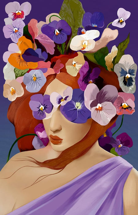 ravensburger violet jigsaw puzzle of woman with flowers on her head and covering her eyes