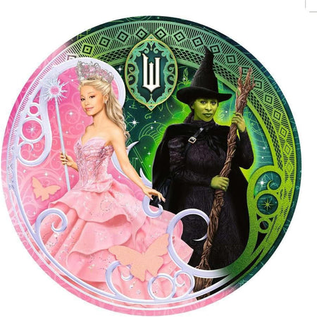Circular ravensburger wicked story of two halves jigsaw puzzle featuring Glinda in a pink dress and Elphaba in black with a broomstick, surrounded by decorative elements.