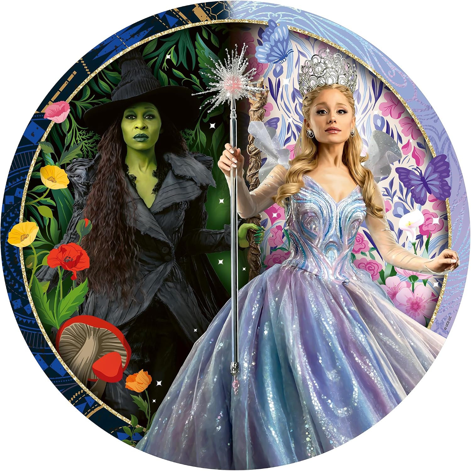 ravensburger wicked true friendship jigsaw puzzle of green-skinned Elphaba and Glinda in a blue dress with a wand, both surrounded by flowers and nature.