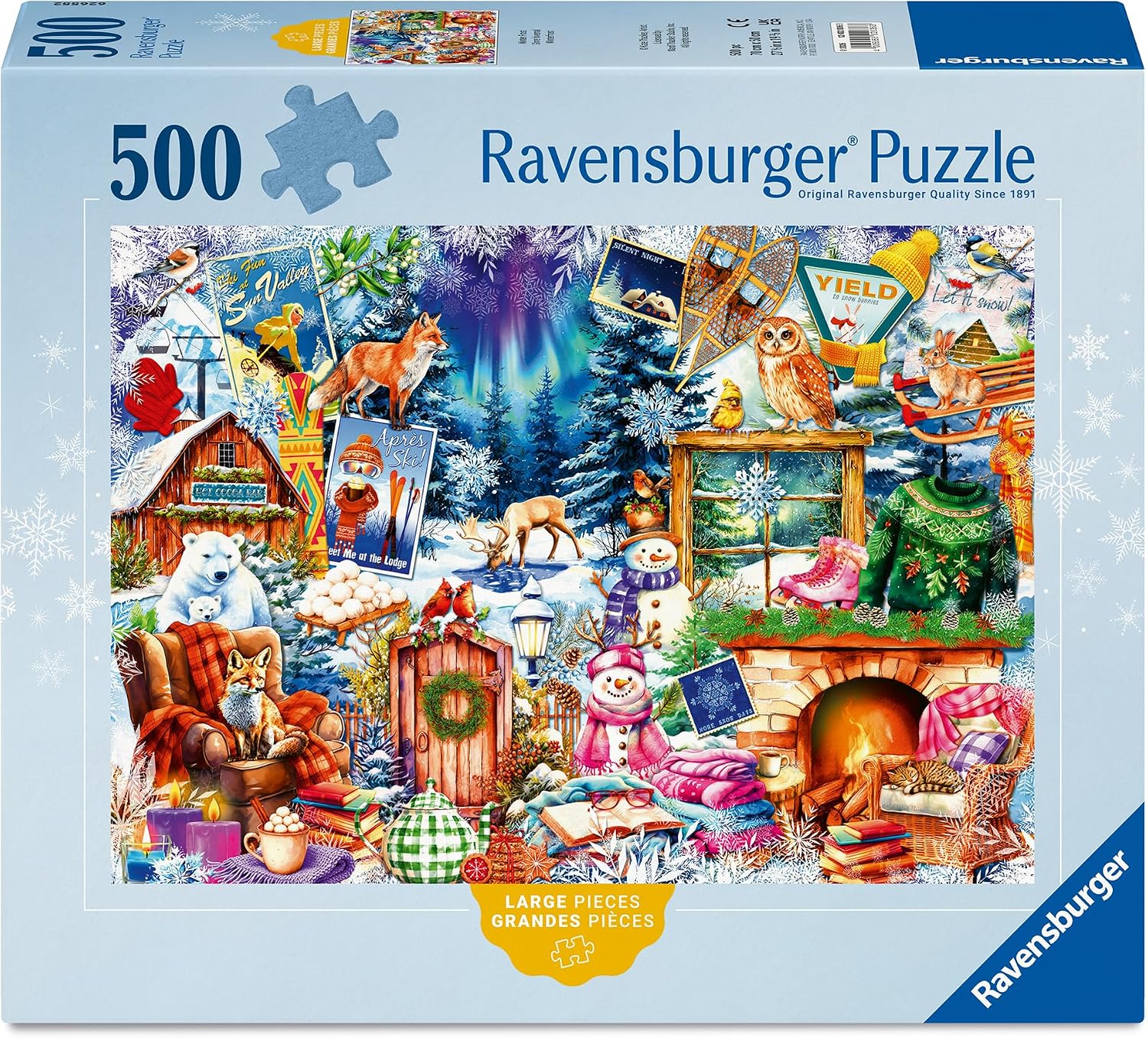 ravensburger winter frost jigsaw puzzle box featuring collage of animals, nature, and winter pastimes