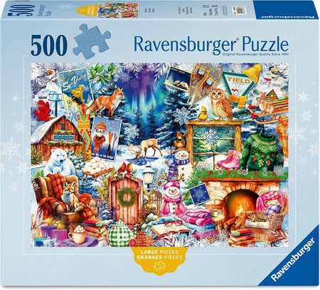 ravensburger winter frost jigsaw puzzle box featuring collage of animals, nature, and winter pastimes