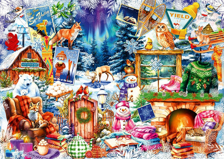 ravensburger winter frost jigsaw puzzle collage of animals, nature, and winter pastimes