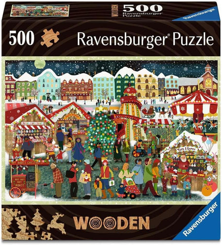 Ravensburger 500-piece wooden jigsaw puzzle box with a festive christmas market scene design.