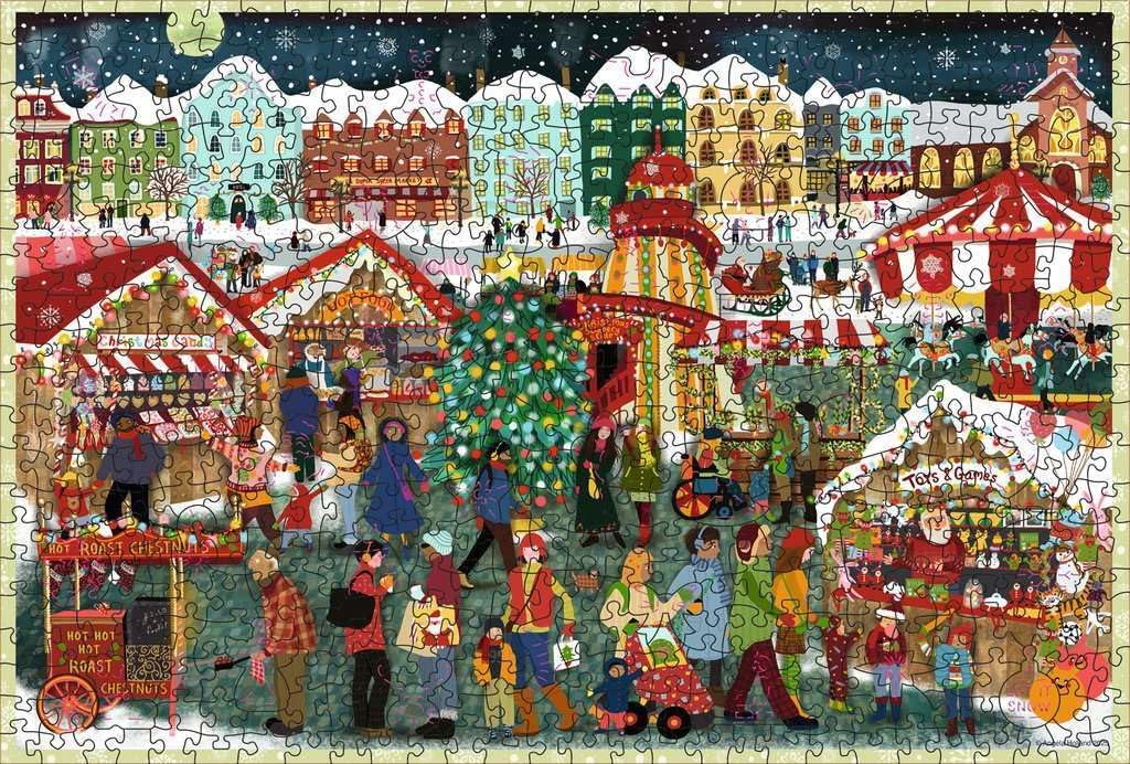 ravensburger christmas market wooden jigsaw puzzle featuring Colorful Christmas market scene with people and stalls in a festive village setting.