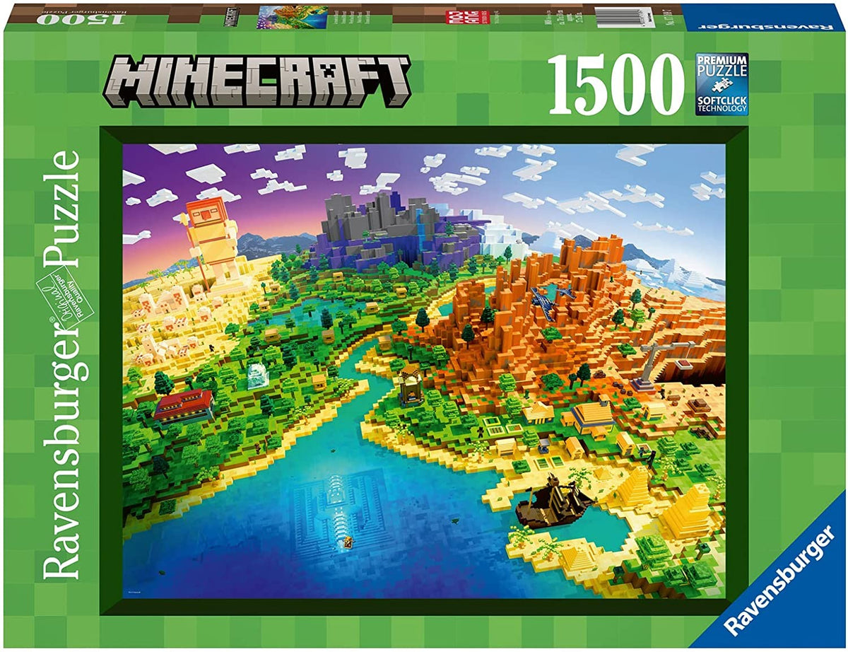 Minecraft puzzle box with colorful landscape illustration and Ravensburger branding
