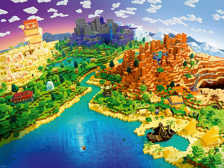 Colorful ravensburger world of minecraft 1500-piece jigsaw puzzle of pixelated landscape with buildings and a river, resembling the video game world.