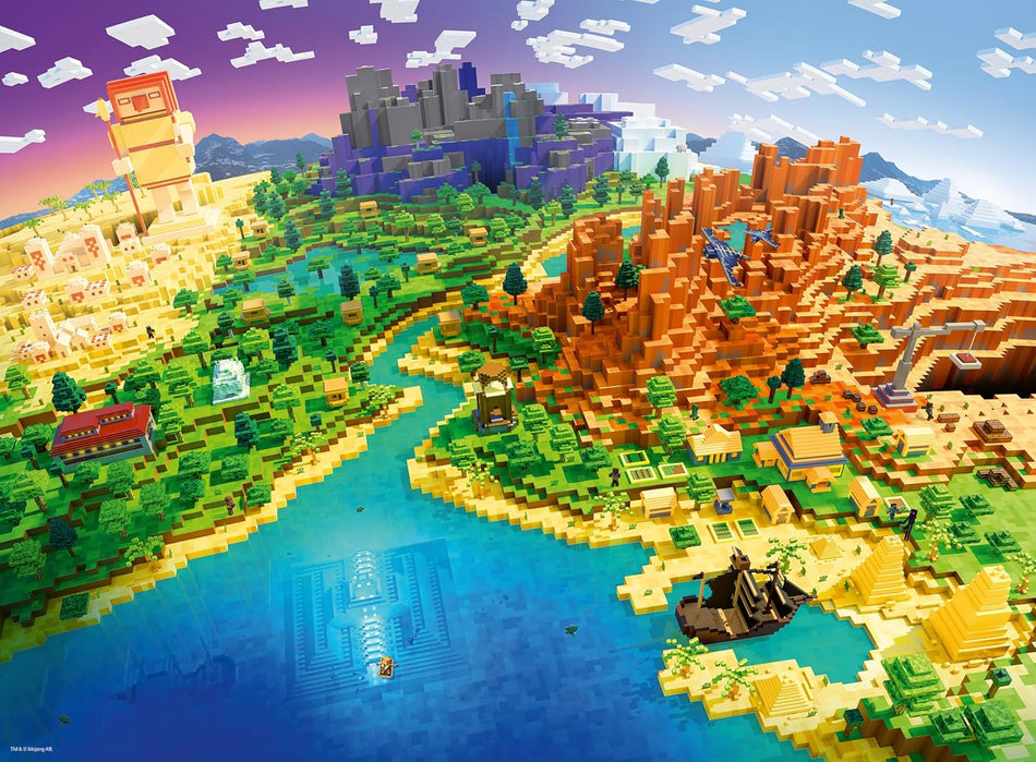 ravensburger world of minecraft 500-piece jigsaw puzzle featuring Minecraft pixelated landscape with mountains, rivers, and buildings.