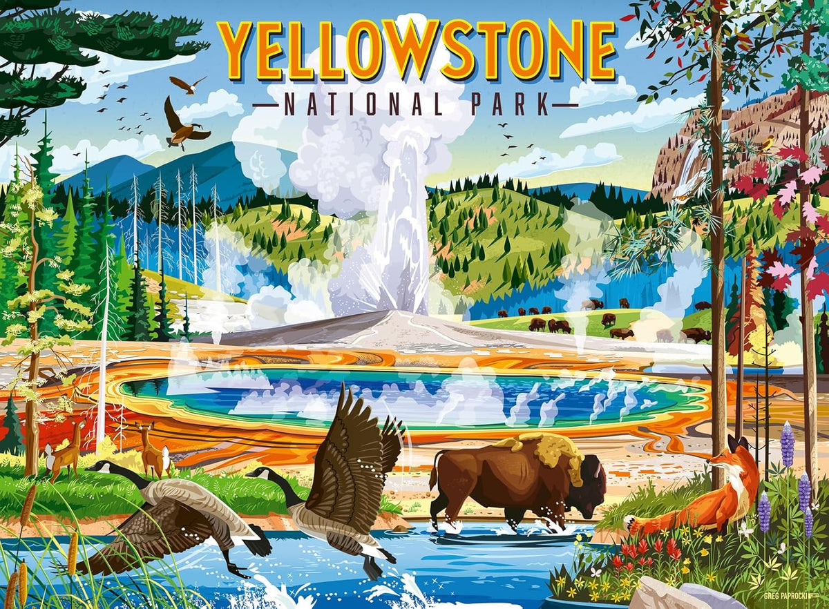 ravensburger yellowstone national park jigsaw puzzle featuring Illustration of Yellowstone National Park with geysers, animals, and scenic landscape