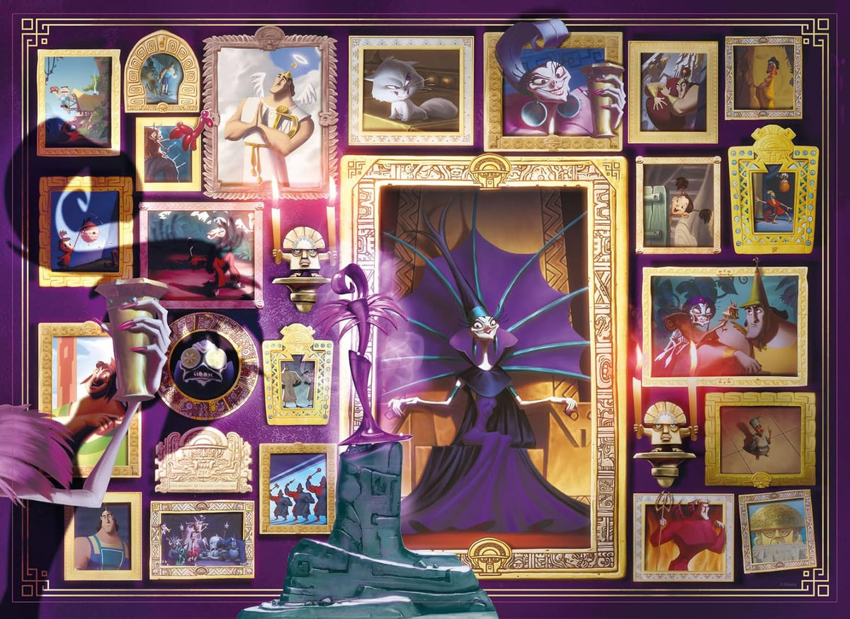 ravensburger yzma jigsaw puzzle Collage of animated characters with yzma in a purple dress against a purple background.