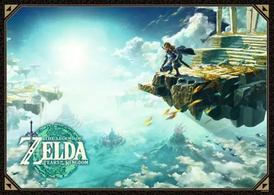 ravensburger zelda jigsaw puzzle of 'The Legend of Zelda: Tears of the Kingdom' with character on a floating platform above clouds.