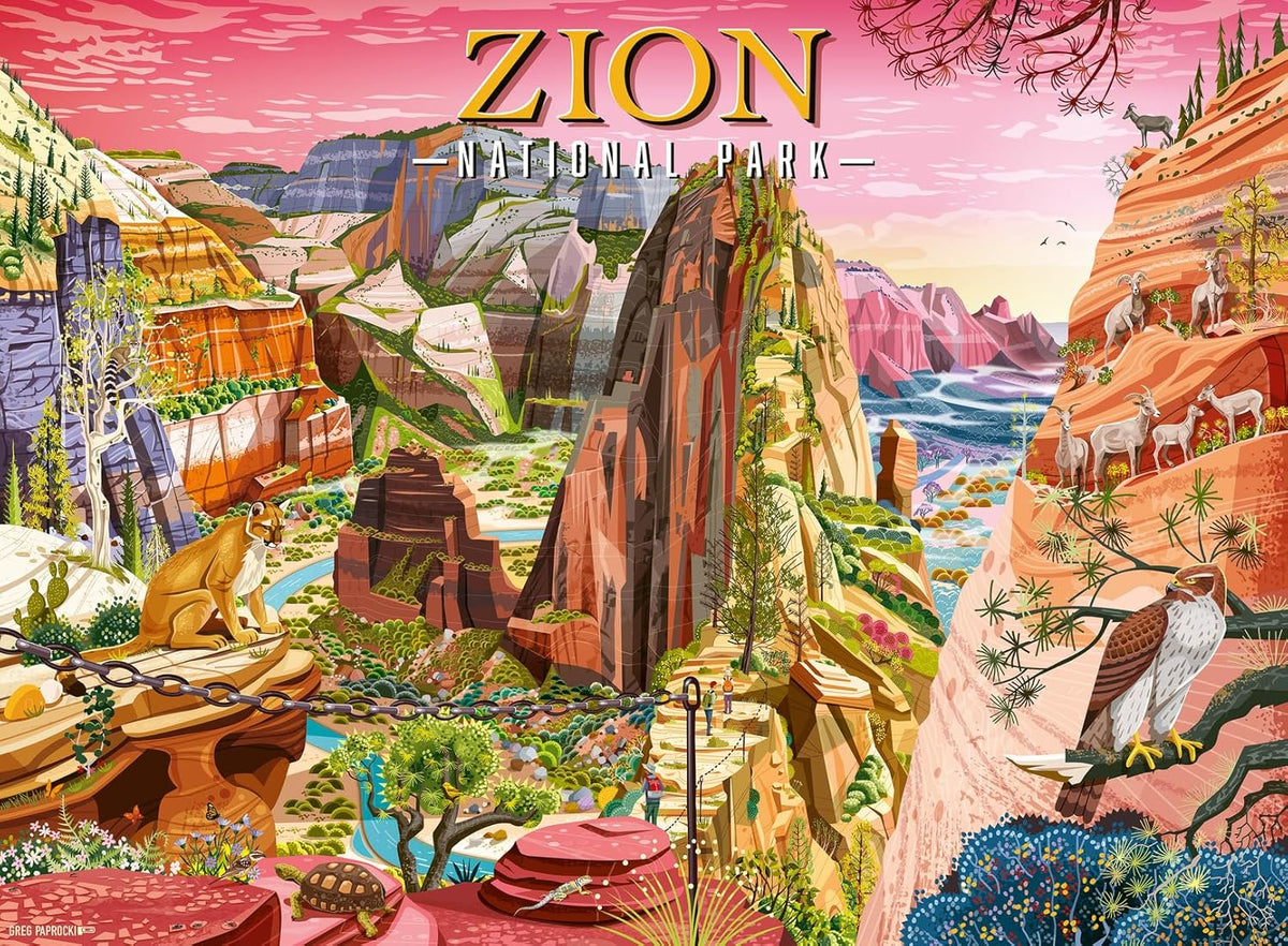 ravensburger zion national park jigsaw puzzle featuring Illustration of Zion National Park with colorful landscapes and animals.