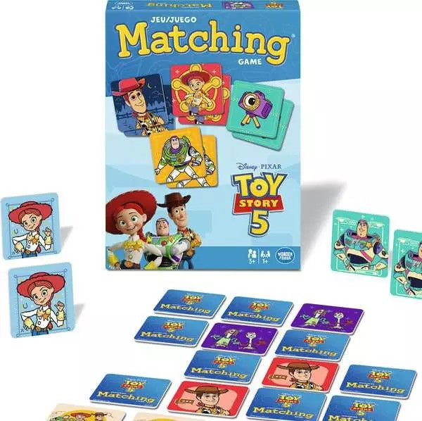 ravensburger Toy Story 5 matching game with colorful cards and box on a white background