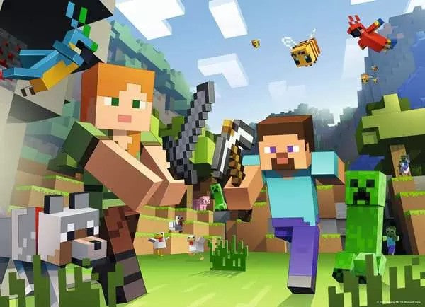 Minecraft characters and creatures in a blocky, colorful world