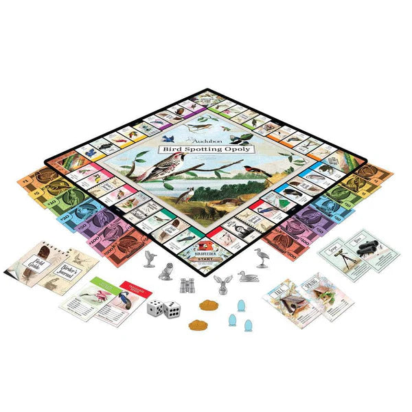 Board game titled 'Bird Spotting Monopoly' with cards and pieces on a white background