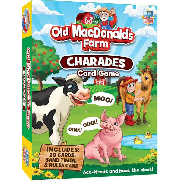 MasterPieces Box of 'Old MacDonald's Farm Charades Card Game' with farm animals and text on a colorful background.
