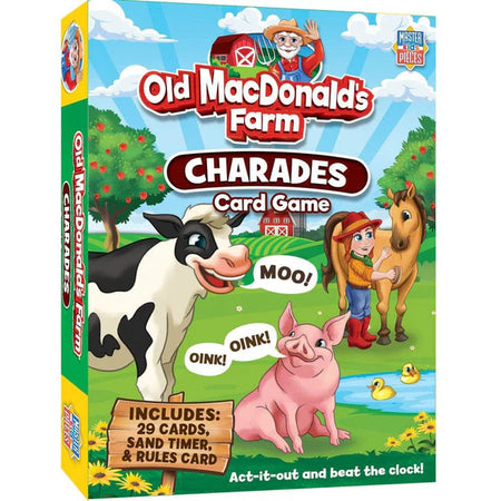MasterPieces Box of 'Old MacDonald's Farm Charades Card Game' with farm animals and text on a colorful background.