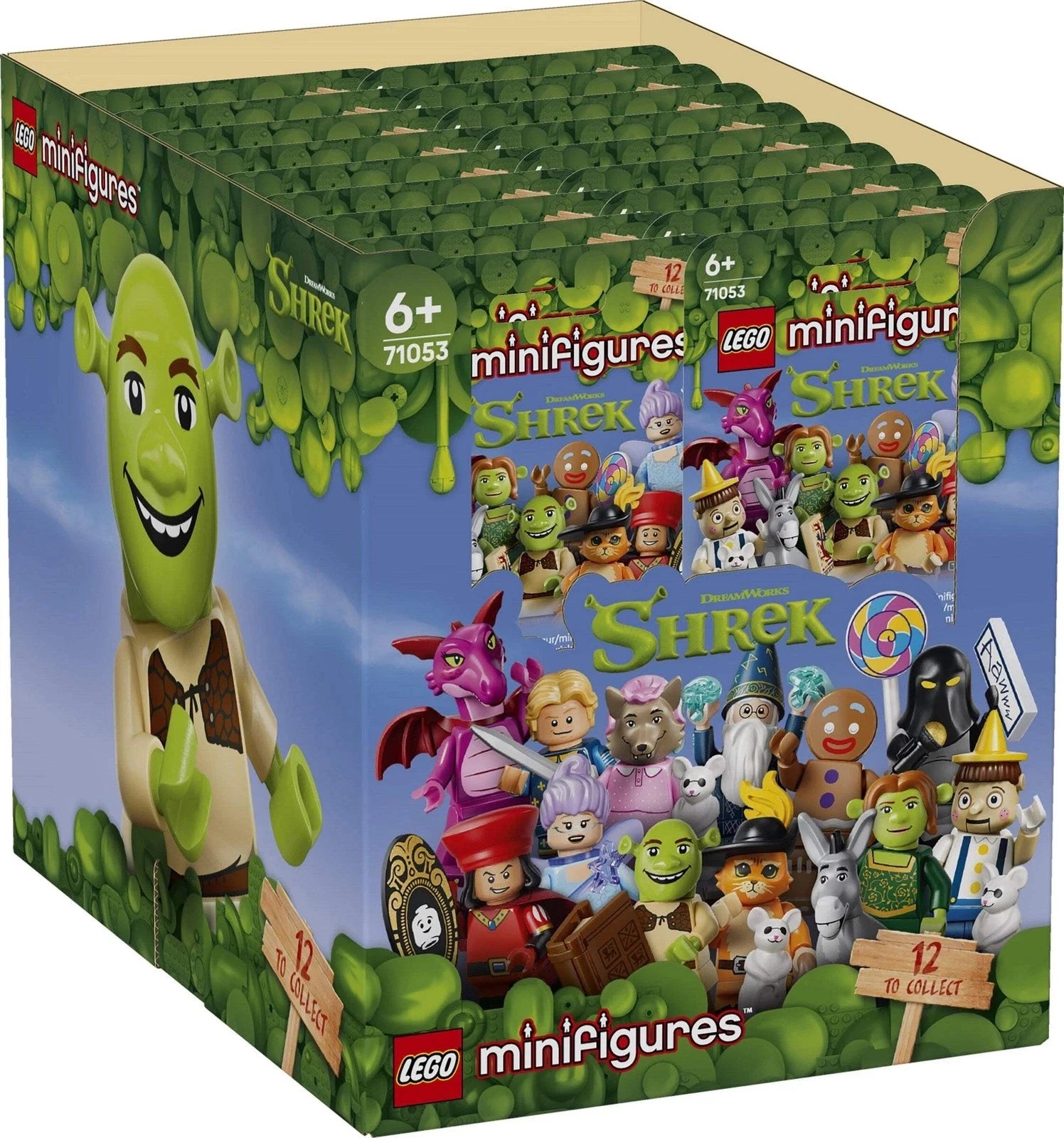 LEGO minifigures Shrek collectible box containing 12 mini-figures, featuring artwork of the Shrek characters on the front and a green Shrek illustration on the side, with LEGO and Shrek branding visible. Case of 36