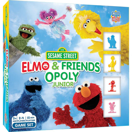 MasterPieces Sesame Street Elmo & Friends Opoly Junior board game box with characters on a blue sky background