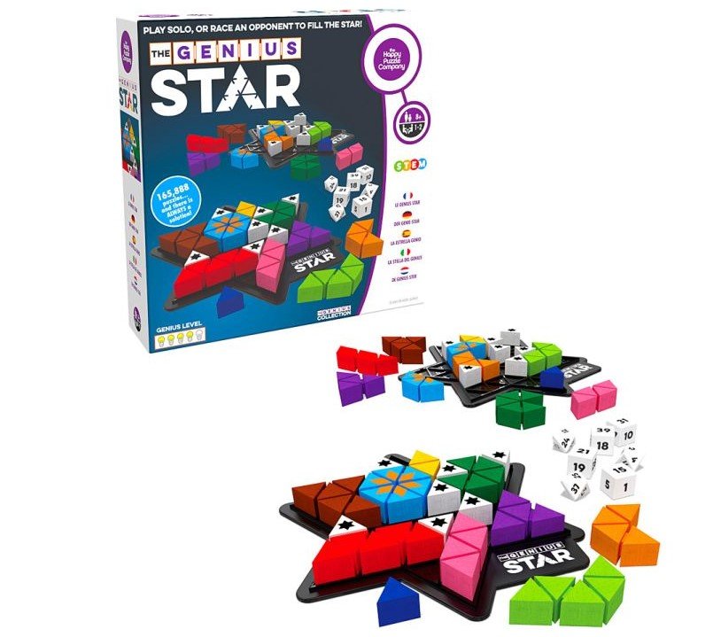 SmartGames Genius Star game packaging with colorful geometric pieces on a white background