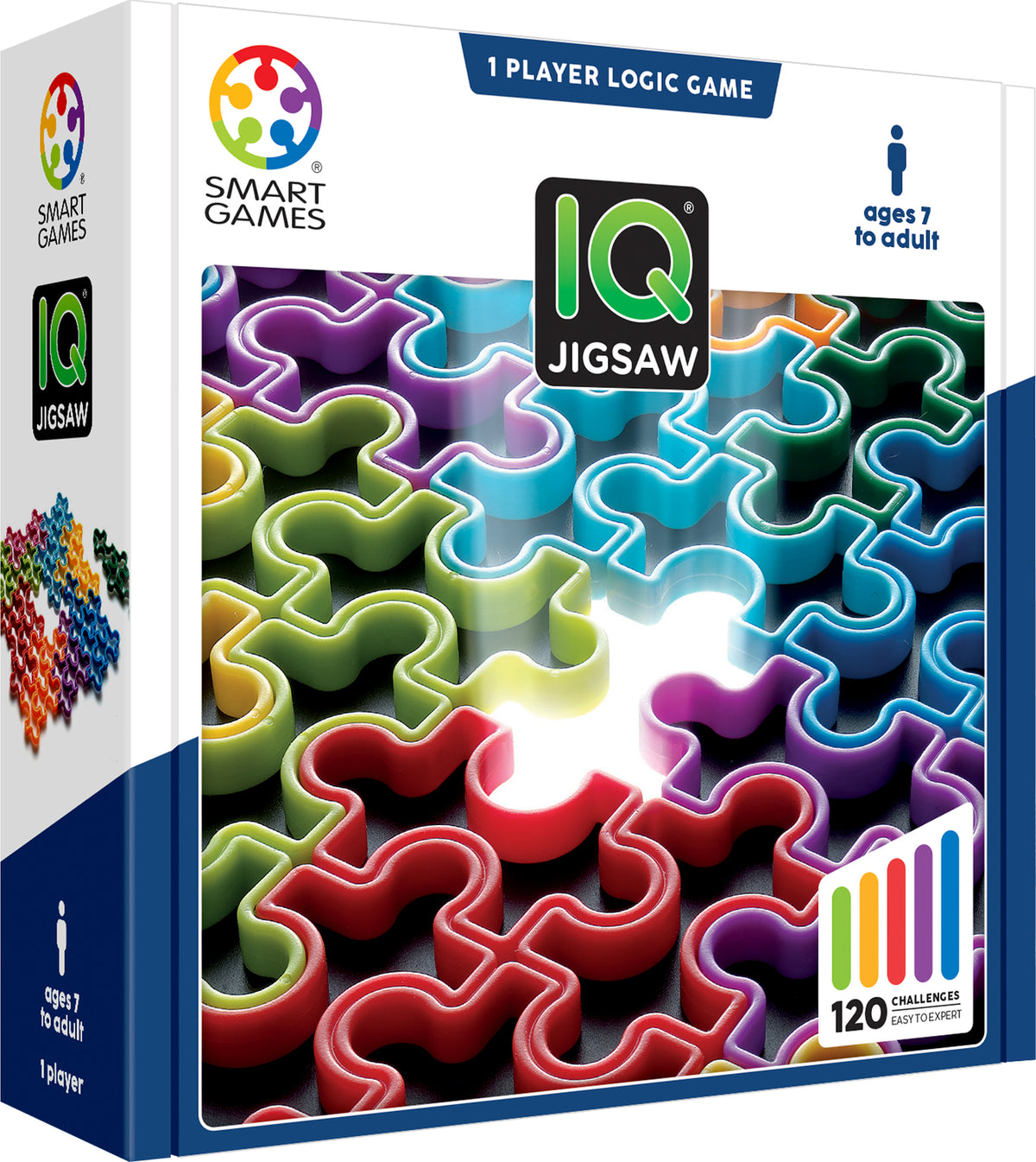 IQ Jigsaw puzzle game packaging with colorful pieces and Smart Games branding.