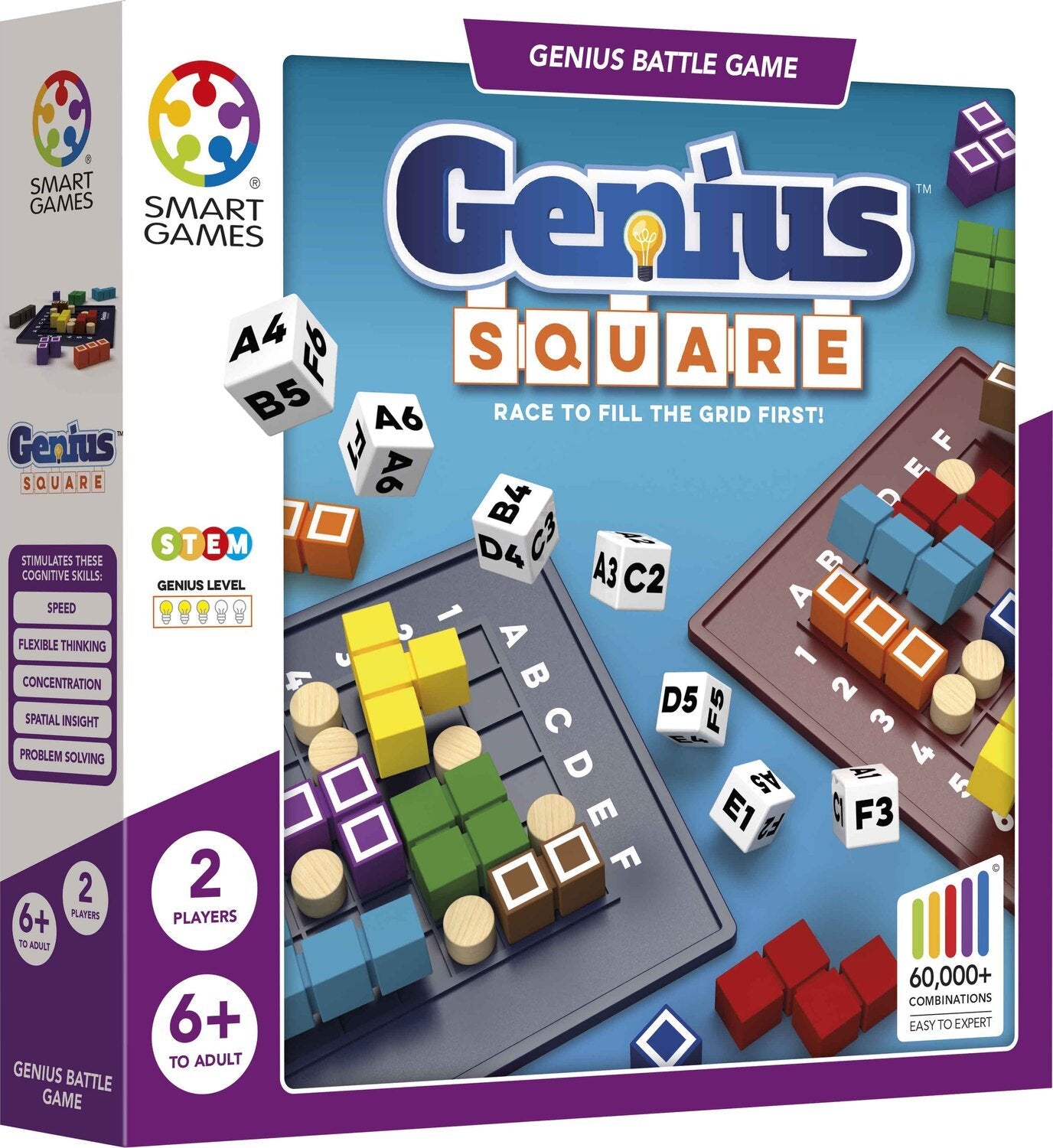 Smart Games Genius Square board game packaging with dice and game pieces.
