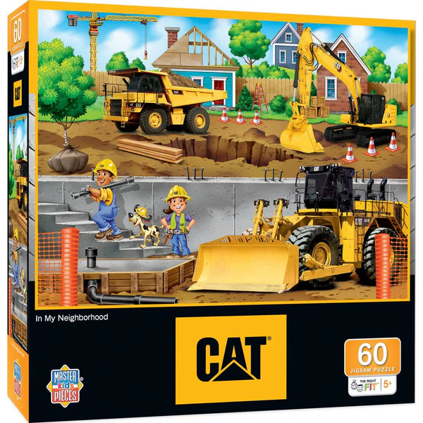 MasterPieces kids Construction-themed 60-piece jigsaw puzzle packaging with toy vehicles and workers on a construction site, featuring the Caterpillar logo.