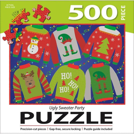 Turner Licensing Box cover for a 500-piece Christmas-themed jigsaw puzzle titled 'Ugly Sweater Party.' The cover shows six colorful holiday sweaters on a dark blue background with puzzle pieces and the text '500 PIECE' and 'PUZZLE.