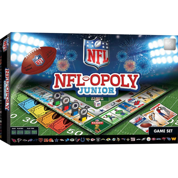 MasterPieces NFL-opoly Junior board game set packaging with NFL logo and football imagery.
