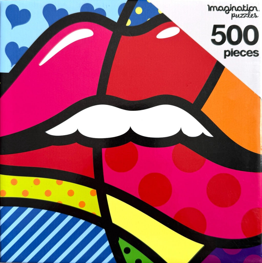 box image of a 500 piece jigsaw puzzle featuring an artistic colorful pair of lips