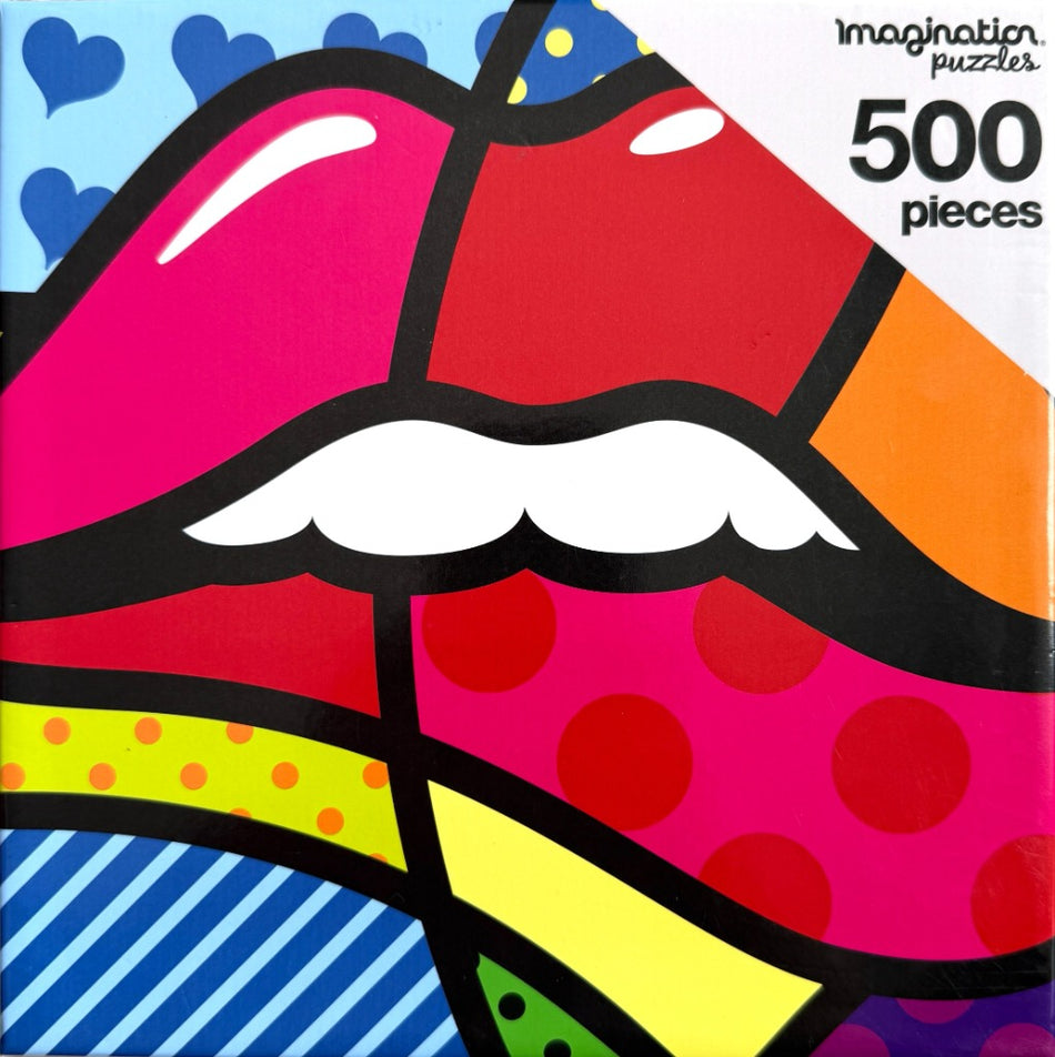box image of a 500 piece jigsaw puzzle featuring an artistic colorful pair of lips