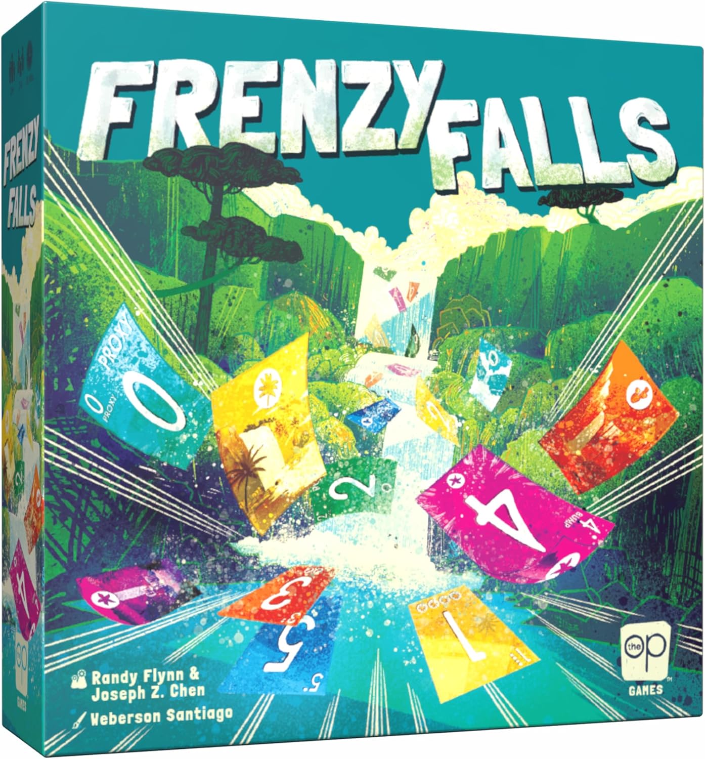 Card game box for usaopoly 'Frenzy Falls' with colorful cards and nature-themed design.