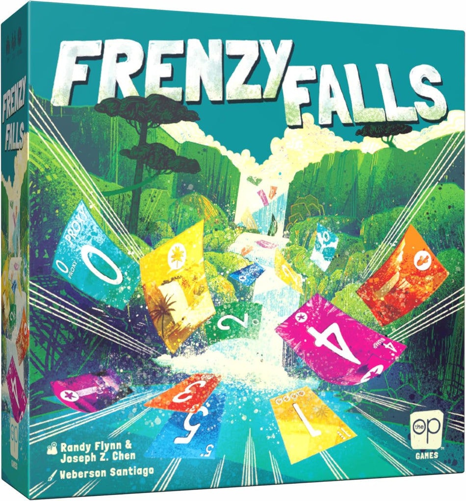 Card game box for usaopoly 'Frenzy Falls' with colorful cards and nature-themed design.