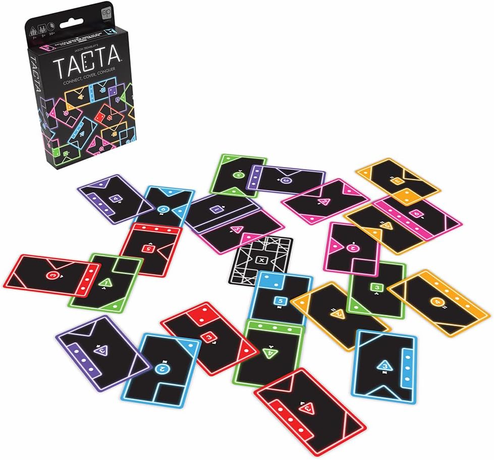 Colorful game cards with Tacta packaging on a white background